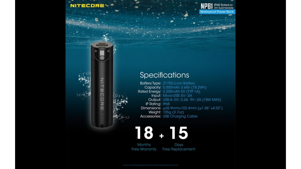 Nitecore NPB1 5000mAh Waterproof Power Bank, Black, 6952506494002