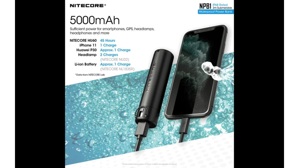 Nitecore NPB1 5000mAh Waterproof Power Bank, Black, 6952506494002