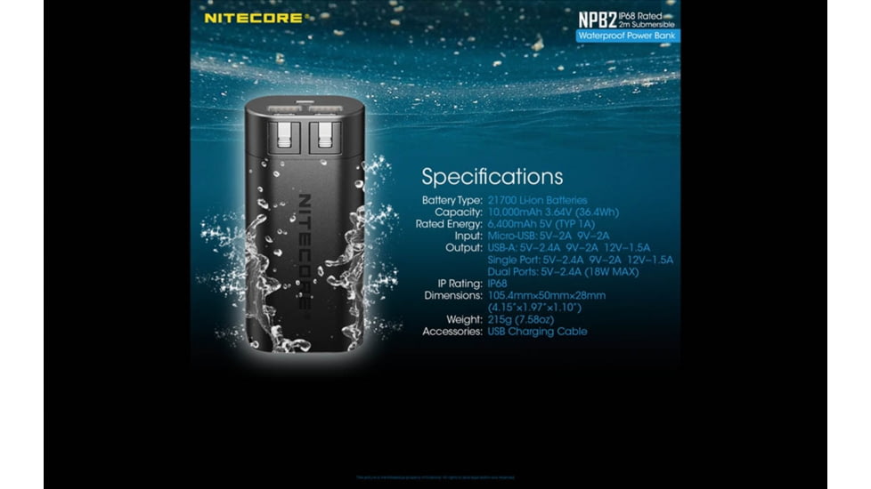 Nitecore NPB2 10,000mAh Waterproof Power Bank, Black, 6952506494019