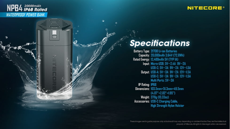 Nitecore NPB4 20,000mAh Waterproof Power Bank, Black, 6952506494439