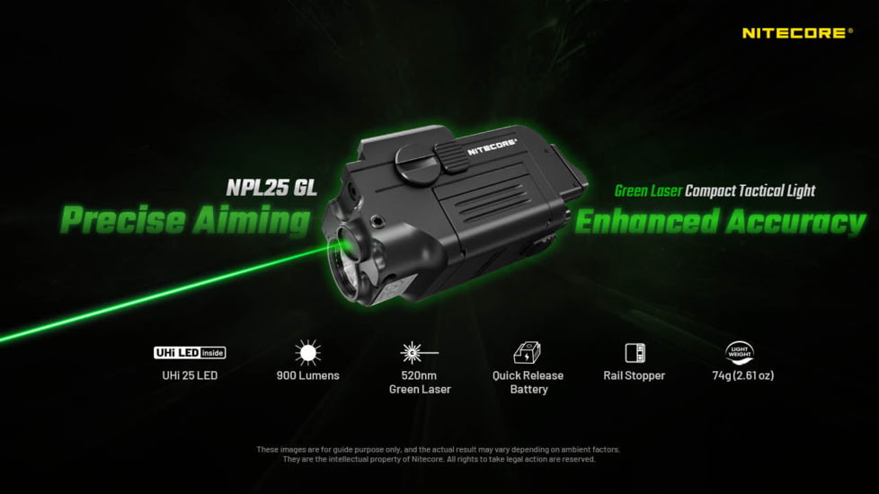 Nitecore NPL25 GL 900 Lumens LED Weapon Light w/Green Laser Sight, Lithium Ion, Black, NPL25 GL