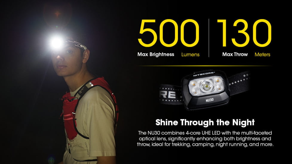 Nitecore NU30 500 Lumen USB-C Rechargeable Headlamp, Black, NU30