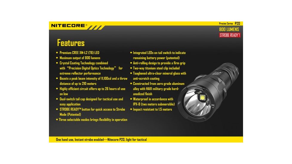Nitecore P20 XM-L2 LED Flashlight,800 Lumens NITECORE-P20-XML2