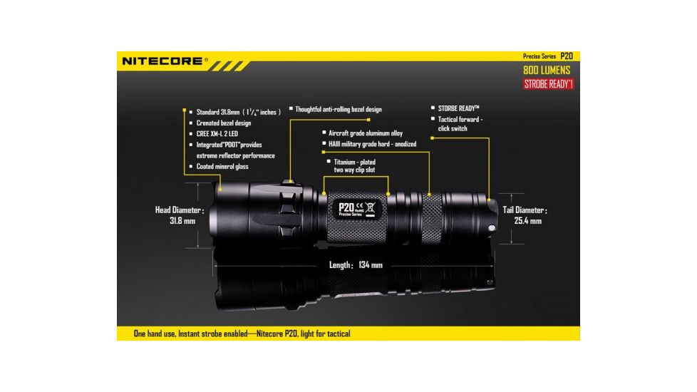 Nitecore P20 XM-L2 LED Flashlight,800 Lumens NITECORE-P20-XML2