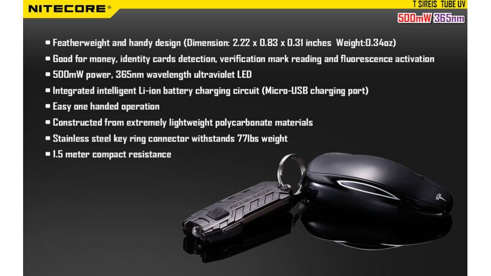 Nitecore Tube Rechargeable UV LED USB Rechargeable Keylight, Black NITECORE-TUBE-UV