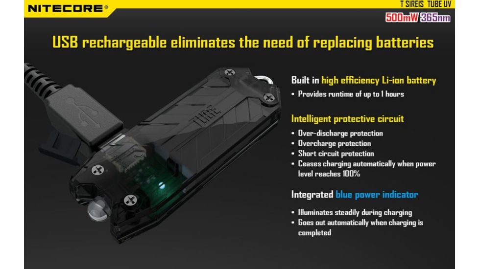 Nitecore Tube Rechargeable UV LED USB Rechargeable Keylight, Black NITECORE-TUBE-UV