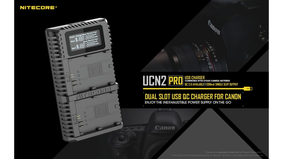 Nitecore UCN2 Pro Dual-Slot Fast Digital USB Charger for Canon LP-E6N Camera Batteries, Black, 6952506492855