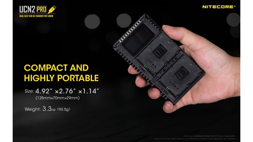 Nitecore UCN2 Pro Dual-Slot Fast Digital USB Charger for Canon LP-E6N Camera Batteries, Black, 6952506492855