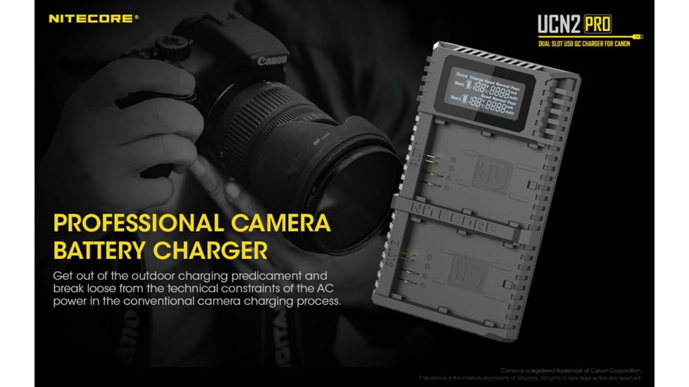 Nitecore UCN2 Pro Dual-Slot Fast Digital USB Charger for Canon LP-E6N Camera Batteries, Black, 6952506492855