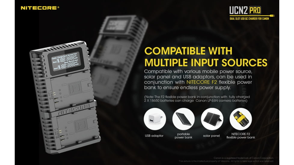 Nitecore UCN2 Pro Dual-Slot Fast Digital USB Charger for Canon LP-E6N Camera Batteries, Black, 6952506492855