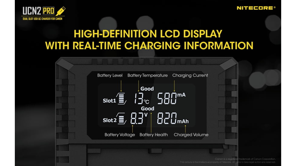 Nitecore UCN2 Pro Dual-Slot Fast Digital USB Charger for Canon LP-E6N Camera Batteries, Black, 6952506492855