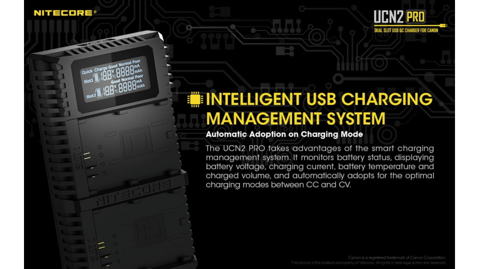 Nitecore UCN2 Pro Dual-Slot Fast Digital USB Charger for Canon LP-E6N Camera Batteries, Black, 6952506492855