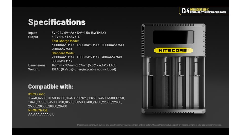 Nitecore Universal Battery Charger, Ci4, Four-Slot, Black, 6952506495368