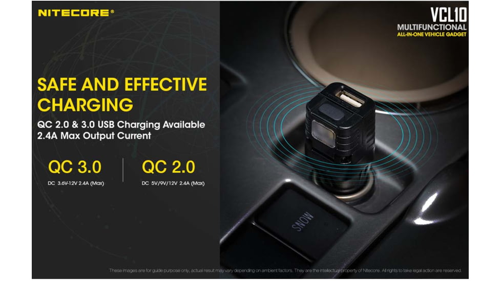 Nitecore VCL10 QuickCharge 3.0 USB Car Charger with White &amp; Red Flashlight, Black, 6952506404735
