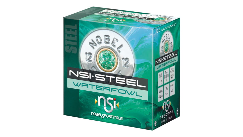 Nobelsport NSI Steel Waterfowl 12 Gauge 1 1/4 oz 3in #4 Shotgun Ammo, 25 Rounds, ANS123ST4