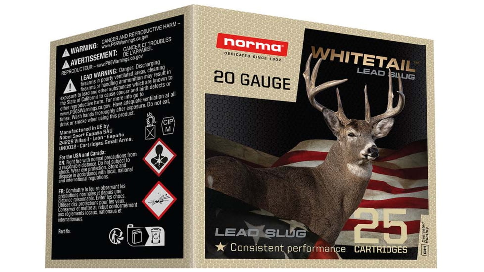 Norma Whitetail Lead Slug 20 Gauge 1 oz 2.75 inch Shotgun Ammo, 25 Rounds, 1198043420