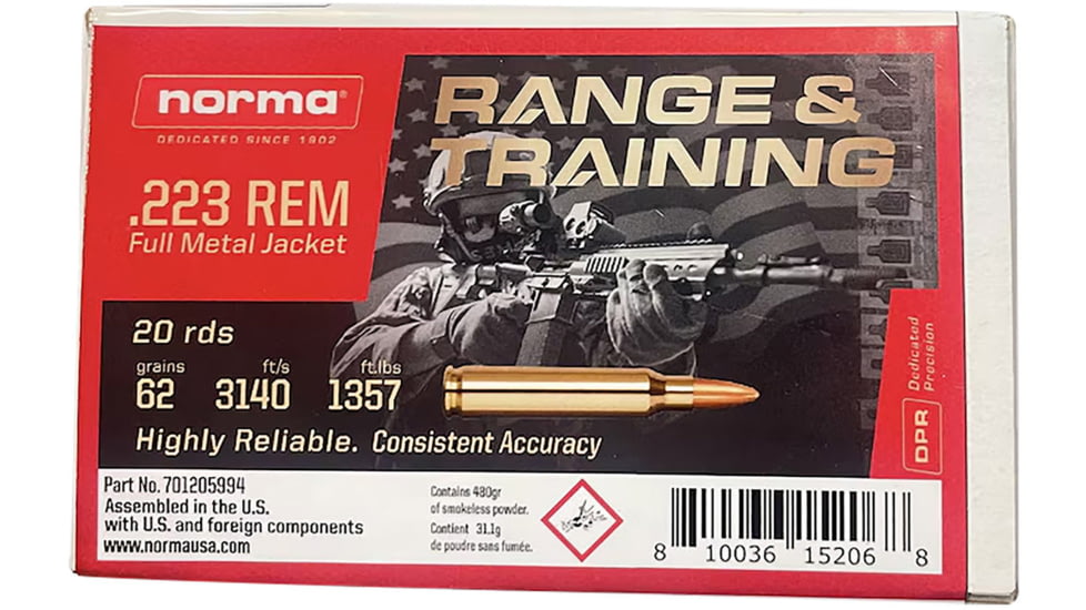 Norma 223 Rem 62 Grain Full Metal Jacket Rifle Ammo, 20 Rounds, 701205994