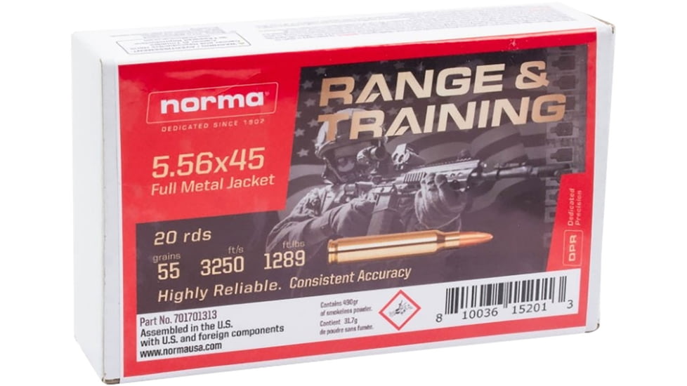 Norma 5.56x45mm NATO 55 Grain Full Metal Jacket Rifle Ammo, 20 Rounds, 701701313