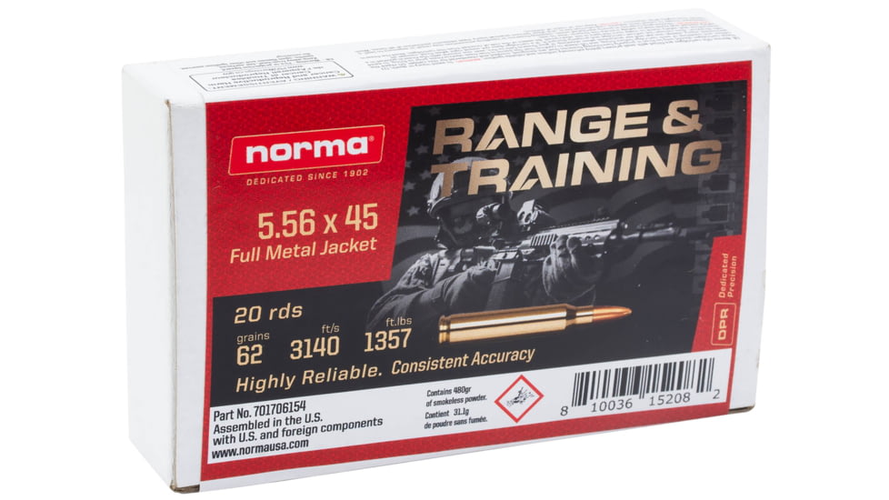 Norma Range &amp; Training 5.56x45mm NATO 62 Grain Full Metal Jacket Brass Cased Rifle Ammo, 20 Rounds, 701706154