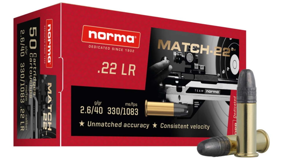 Norma Match .22 Long Rifle 40 Grain Lead Round Nose Brass Cased Rimfire Ammo, 50 Rounds, 2425076