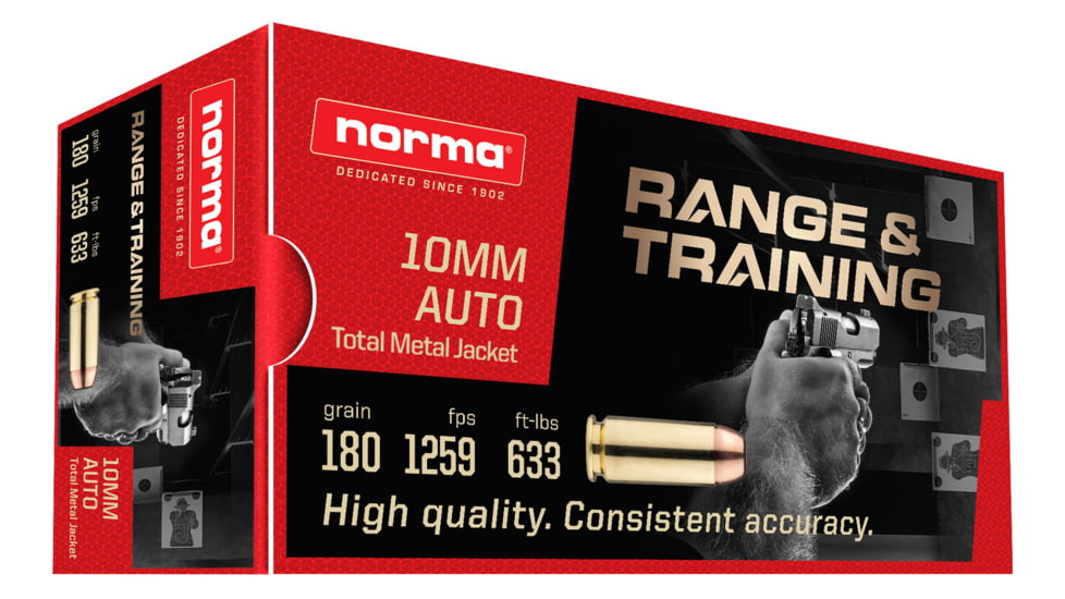 Norma Range and Training 10mm Auto 180 Grain Brass Cased Pistol Ammo, 50 Rounds, 801105383