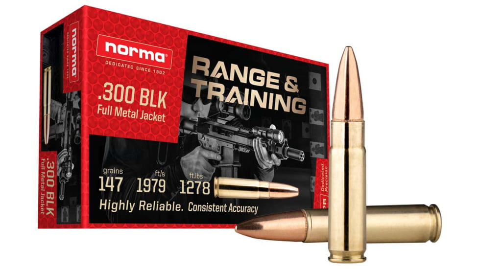 Norma Range &amp; Training .300 Blackout 147 Grain FMJ Brass Cased Rifle Ammo, 20 Rounds, 601801709
