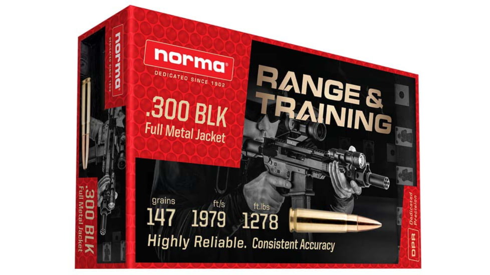 Norma Range &amp; Training .300 Blackout 147 Grain FMJ Brass Cased Rifle Ammo, 20 Rounds, 601801709