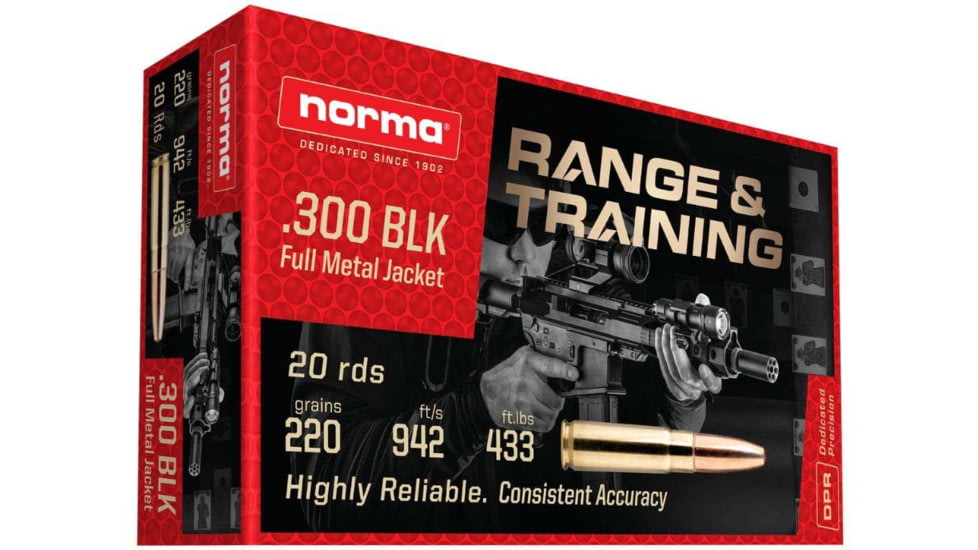 Norma Range &amp; Training .300 AAC Blackout 220 Grain FMJ Brass Cased Rifle Ammo, 20 Rounds, 601804287