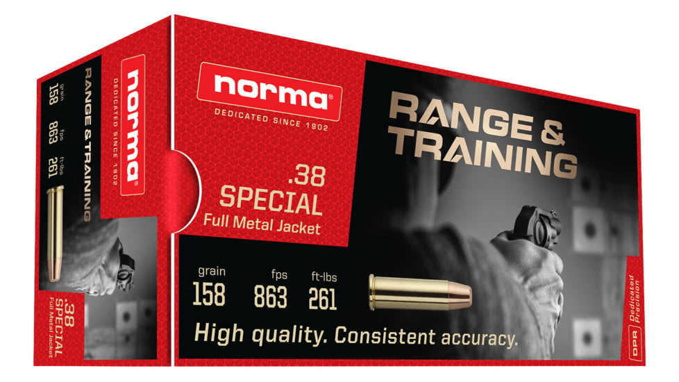 Norma Range and Training .38 Special 158 Grain Full Metal Jacket Brass Cased Pistol Ammo, 50 Rounds, 803008493