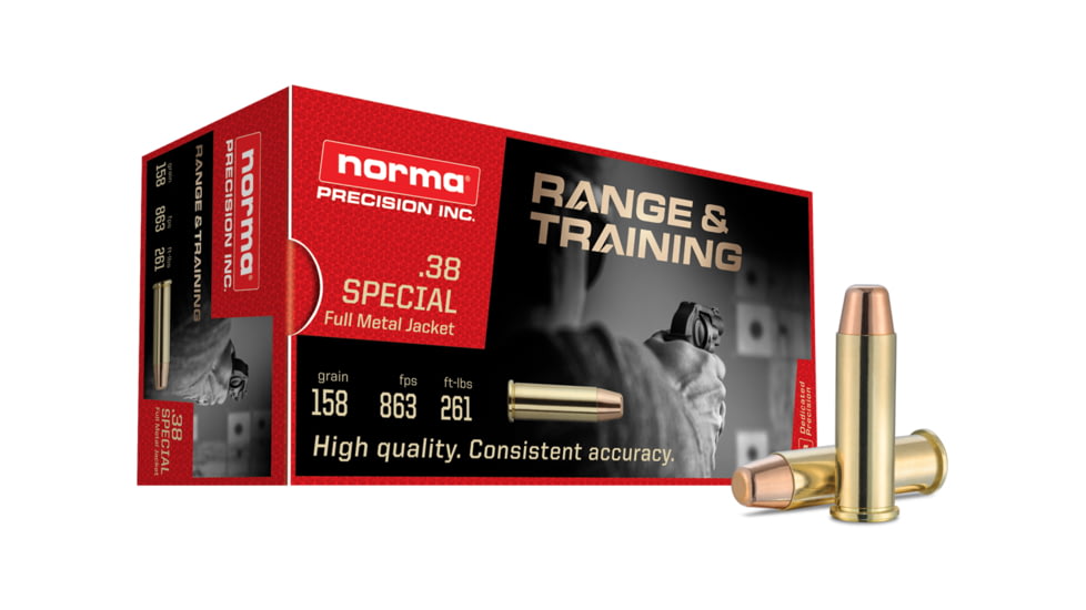 Norma Range Training FMJ .38 Special 158 grain Full Metal Jacket Brass Cased Centerfire Pistol Ammo, 50 Rounds, 620540050