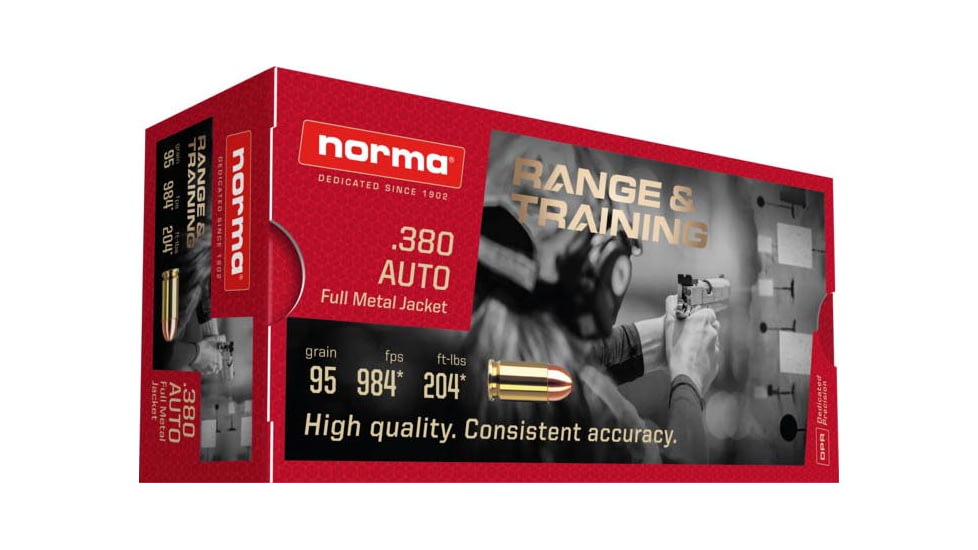 Norma Range Training FMJ .380 ACP 73 grain Full Metal Jacket Brass Cased Centerfire Pistol Ammo, 50 Rounds, 620140050