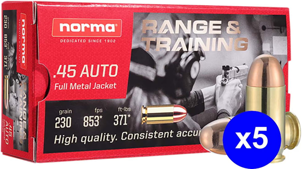 Norma Range Training FMJ .45 ACP 230 grain Full Metal Jacket Brass Cased Centerfire Pistol Ammo, 250 Rounds