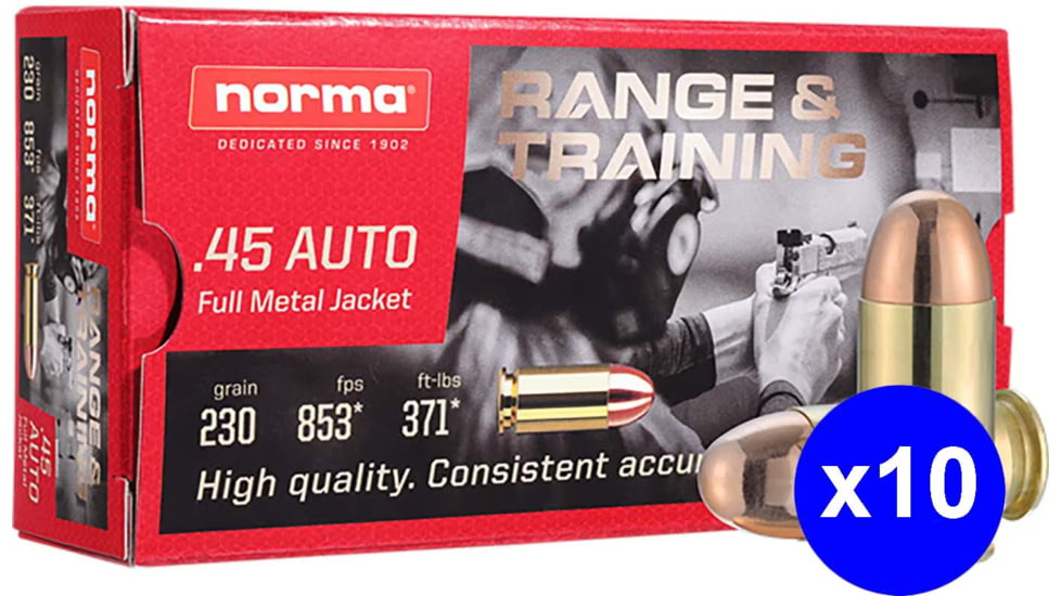 Norma Range Training FMJ .45 ACP 230 grain Full Metal Jacket Brass Cased Centerfire Pistol Ammo, 500 Rounds