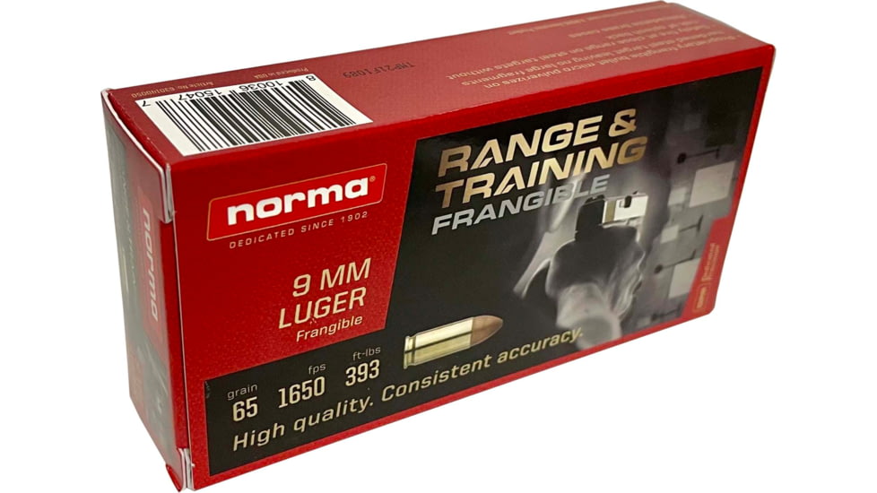 Norma Range Training Frangible 9mm Luger 65 grain Norma Frangible Brass Cased Centerfire Pistol Ammo, 50 Rounds, 630140050