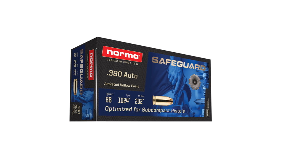 Norma Safeguard .380 AUTO 88 Grain Jacketed Hollow Point Brass Cased Pistol Ammo, 50 Rounds, 803807680