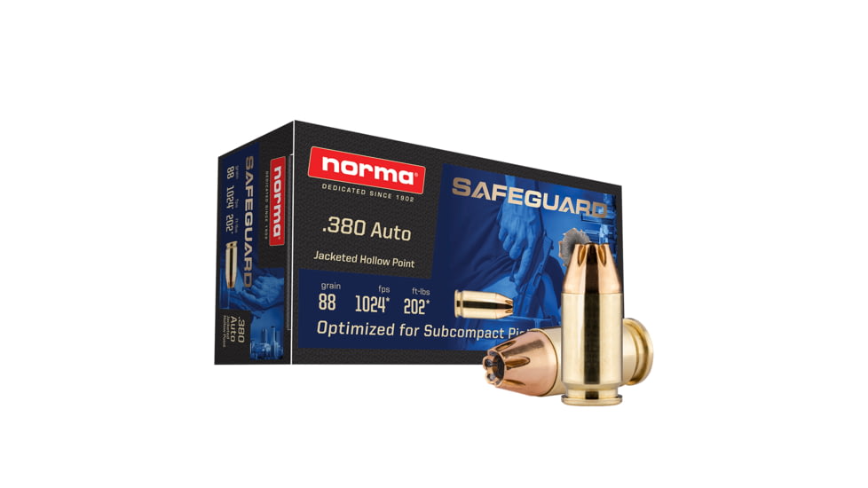 Norma Safeguard .380 AUTO 88 Grain Jacketed Hollow Point Brass Cased Pistol Ammo, 50 Rounds, 803807680