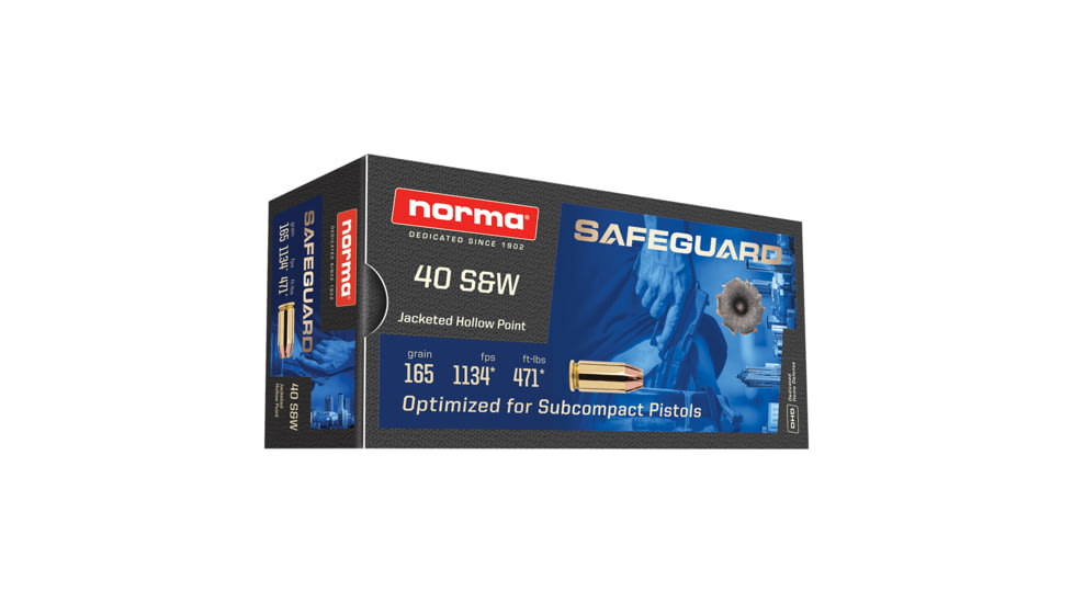 Norma Safeguard .40 S&amp;W 165 Grain Jacketed Hollow Point Brass Cased Pistol Ammo, 50 Rounds, 801407887