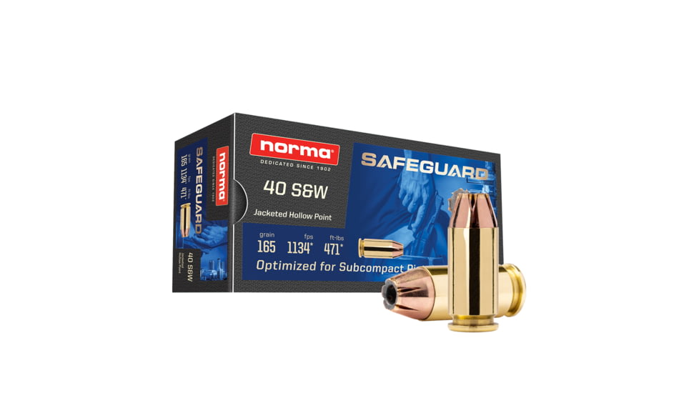 Norma Safeguard .40 S&amp;W 165 Grain Jacketed Hollow Point Brass Cased Pistol Ammo, 50 Rounds, 801407887