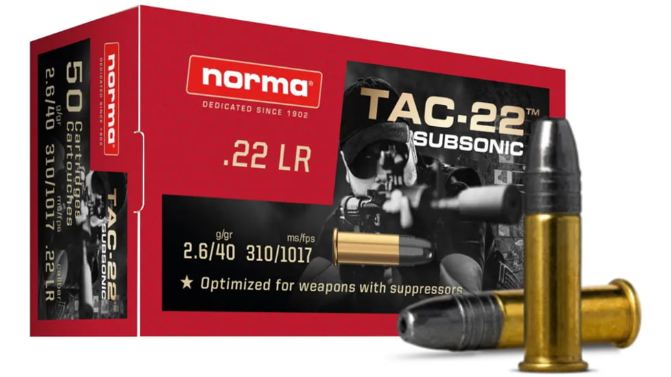 Norma Subsonic Tac .22 Long Rifle 40 Grain Lead Round Nose Brass Hollow Point Cased Rimfire Ammo, 50 Rounds, 2425080