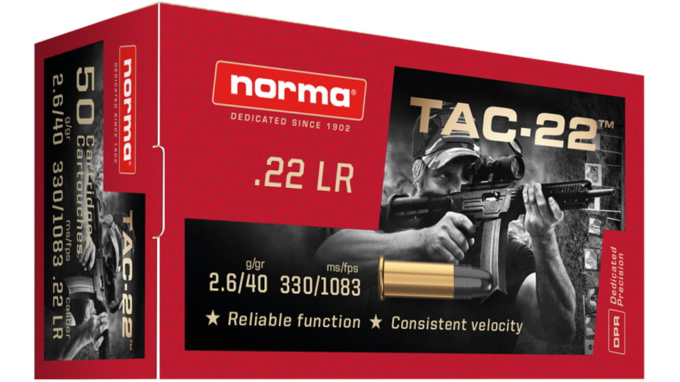 Norma TAC .22 Long Rifle 40 Grain Lead Round Nose Brass Cased Rimfire Ammunition, 50 Rounds, 2425092