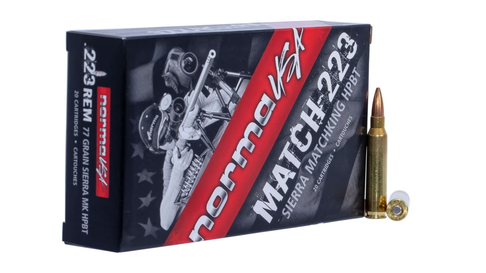 Norma Match Ammunition .223 Remington 77 grain Sierra MatchKing Boat Tail Hollow Point Brass Cased Centerfire Rifle Ammo, 20 Rounds