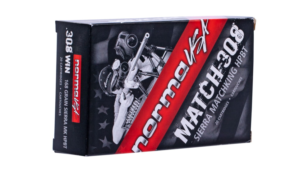Norma Match Ammunition .308 Winchester 168 grain Sierra MatchKing Boat Tail Hollow Point Brass Cased Centerfire Rifle Ammo, 20 Rounds