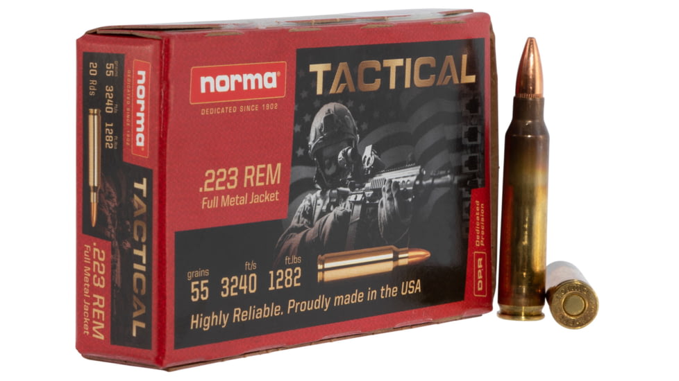Norma USA Tactical .223 REM 55 Grain Full Metal Jacket Brass Cased Rifle Ammo, 20 Rounds, 295040020