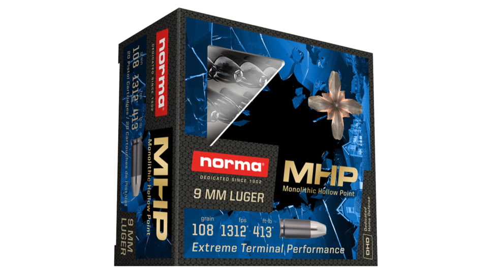 Norma MHP 9mm Luger 108 grain Monolithic Hollow Point Brass Cased Centerfire Pistol Ammo, 20 Rounds