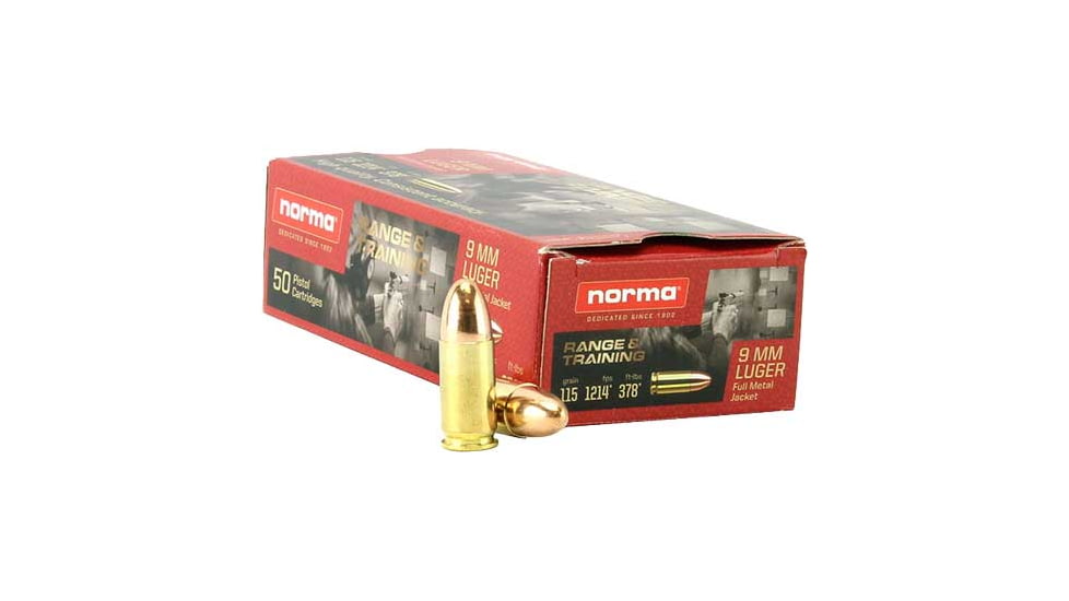 Norma Range Training FMJ 9mm Luger 115 grain Full Metal Jacket Brass Cased Centerfire Pistol Ammo, 50 Rounds