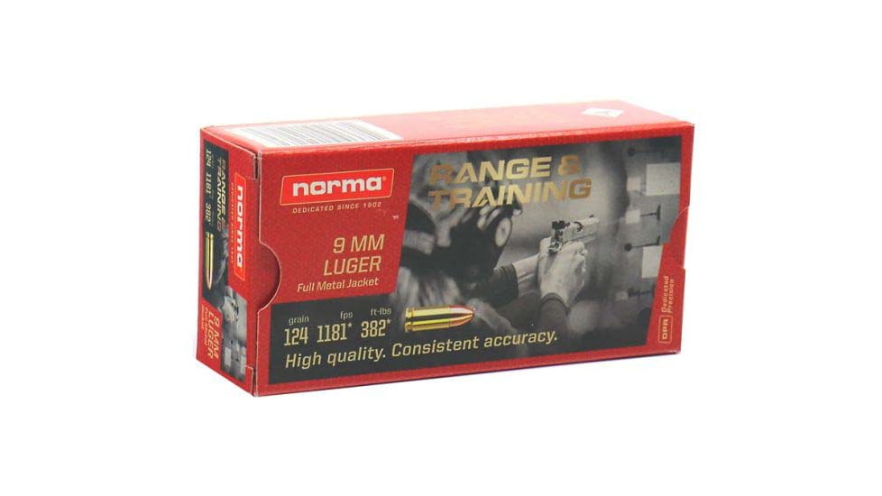 Norma Range Training FMJ 9mm Luger 124 grain Full Metal Jacket Brass Cased Centerfire Pistol Ammo, 50 Rounds