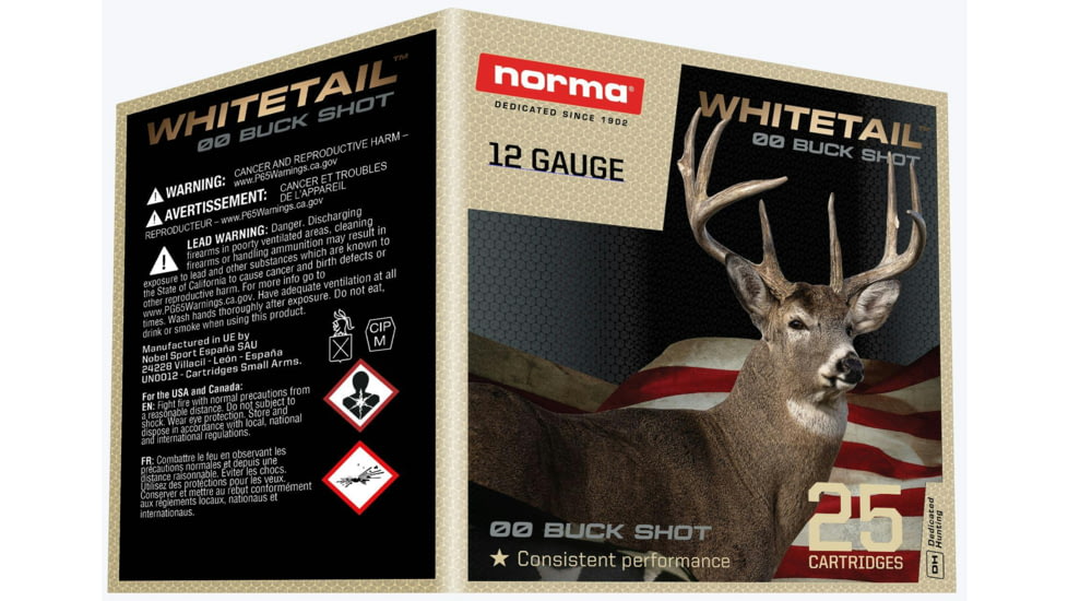 Norma Whitetail Lead Slug 12 Gauge 9 Pellet 2.75 inch Shotgun Ammo, 00 Buck, 25 Rounds, 1198043400