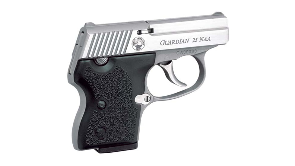 North American Arms Guardian Pistol, .25 NAA, 2.185 in barrel, stainless steel frame, black plastic grip, blowback operated semi-auto, blade front, notch rear, 6 round magazine, Guardian-1-FRRMPG