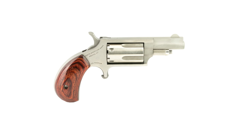North American Arms Mini Combo Revolver, .22 Long Rifle/.22 Winchester Magnum Rimfire, 1.65in Barrel, Fixed, Stainless Frame, Wood Grip, 5 Round Cylinder, NAA22MC