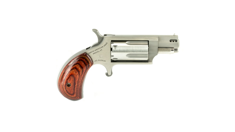 North American Arms Mini Revolver, .22 Winchester Magnum Rimfire, 1.12in Barrel, Fixed, Stainless Frame, Ported Wood Grip, 5 Round Cylinder, NAA22MSP